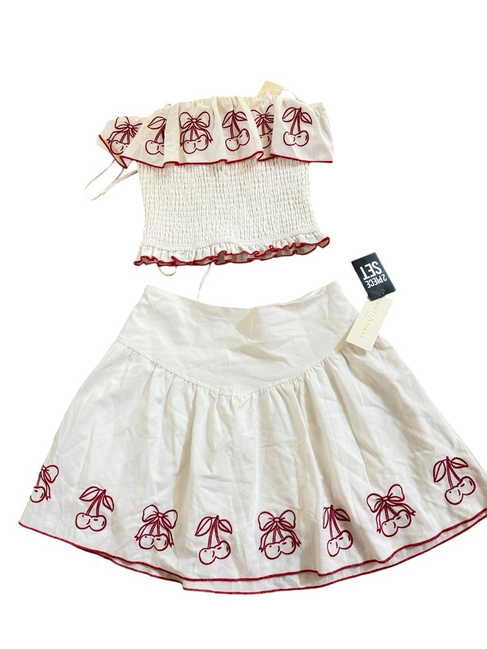 White Two-Piece Cherry Embroidered Skirt Set